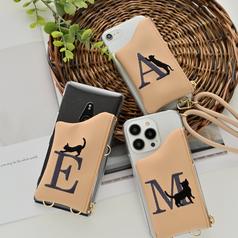 多機種対応 スマホケース 【 刺繍 付け替え ポーチ 猫 イニシャル 】 スマホショルダー クリア ねこ A168I - 手機殼/手機套 - 真皮 咖啡色