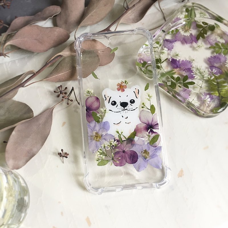 Animal Series Fadou and Flower Hand-painted Puppy Pressed Flower Phone Case - เคส/ซองมือถือ - พืช/ดอกไม้ สีม่วง