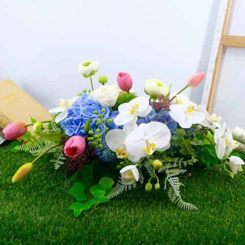 榆果傢飾 HUGO DECO 藍繡球白蝴蝶蘭典雅長桌花/擬真花/禮物/永不凋零/佈置/會議桌花