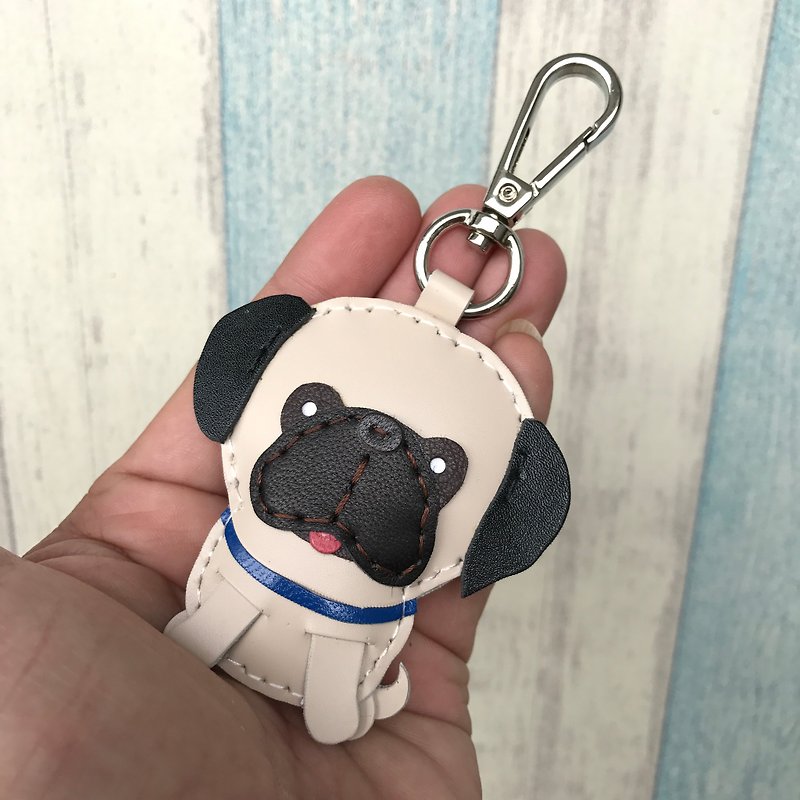 Beige cute starling dog handmade sewn leather keychain small size - ที่ห้อยกุญแจ - หนังแท้ สีกากี