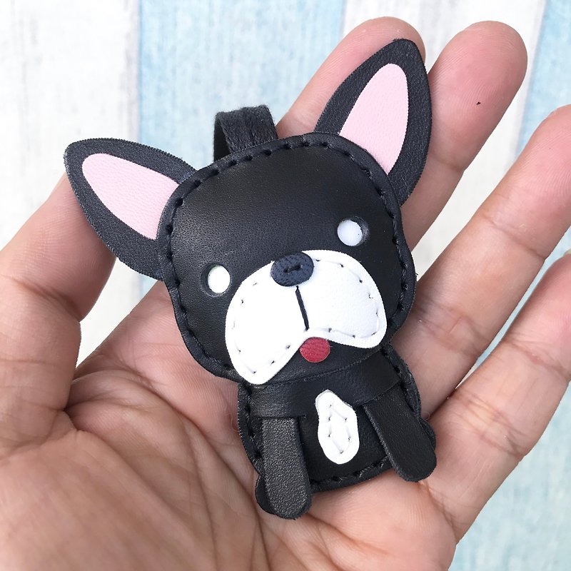 Healing small objects, handmade leather, black/white, cute, hand-stitched charm, small size - พวงกุญแจ - หนังแท้ สีดำ