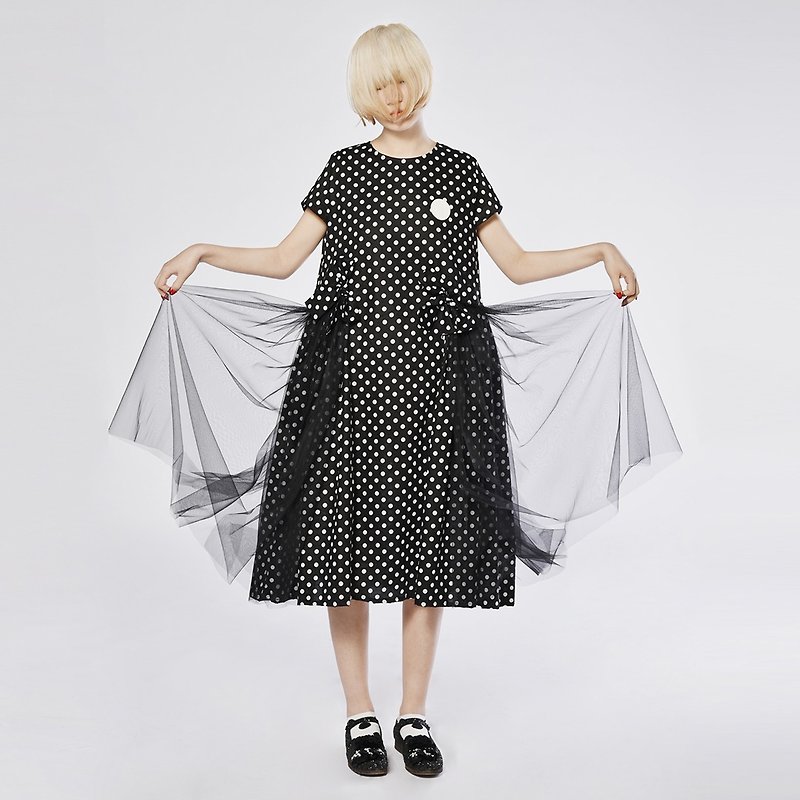 Black and white bow wave little net veil Dress Dress - imakokoni - ชุดเดรส - ผ้าฝ้าย/ผ้าลินิน สีดำ