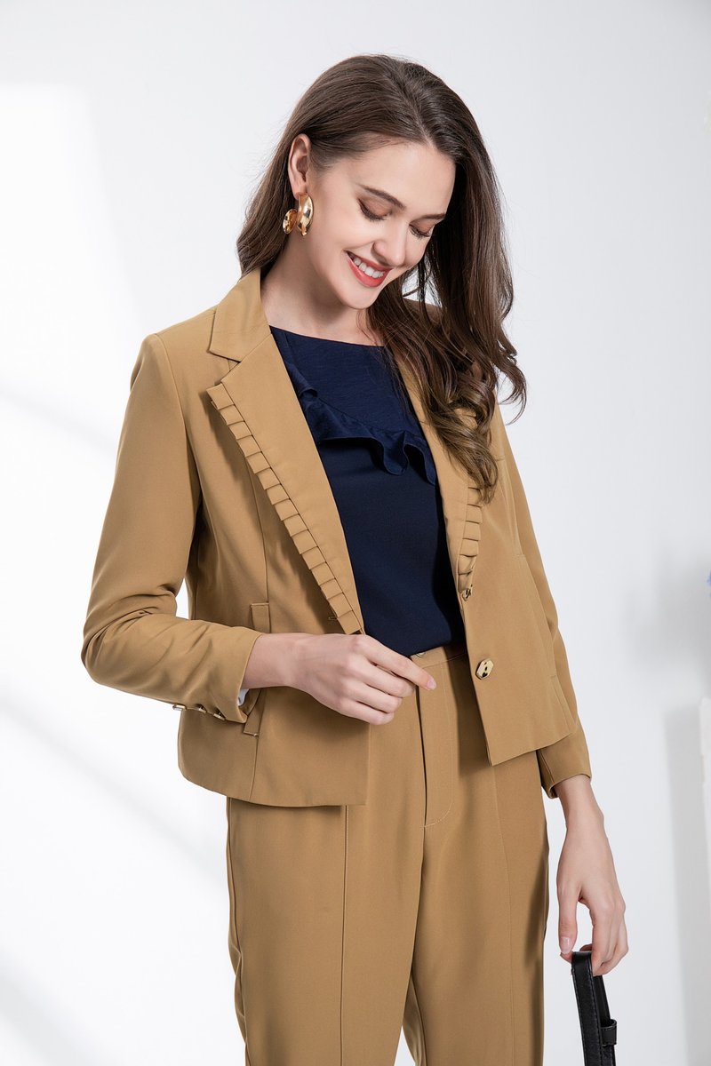 壓摺領西裝外套 | 啡色| 無彈| 有 - 女裝外套/大衣 - 聚酯纖維 咖啡色