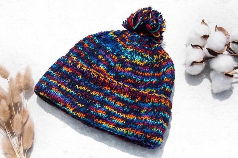Hand-woven pure wool hat/knitted woolen hat/inner brushed hand-woven woolen hat/hand-knitted woolen hat-blue star - หมวก - ขนแกะ หลากหลายสี