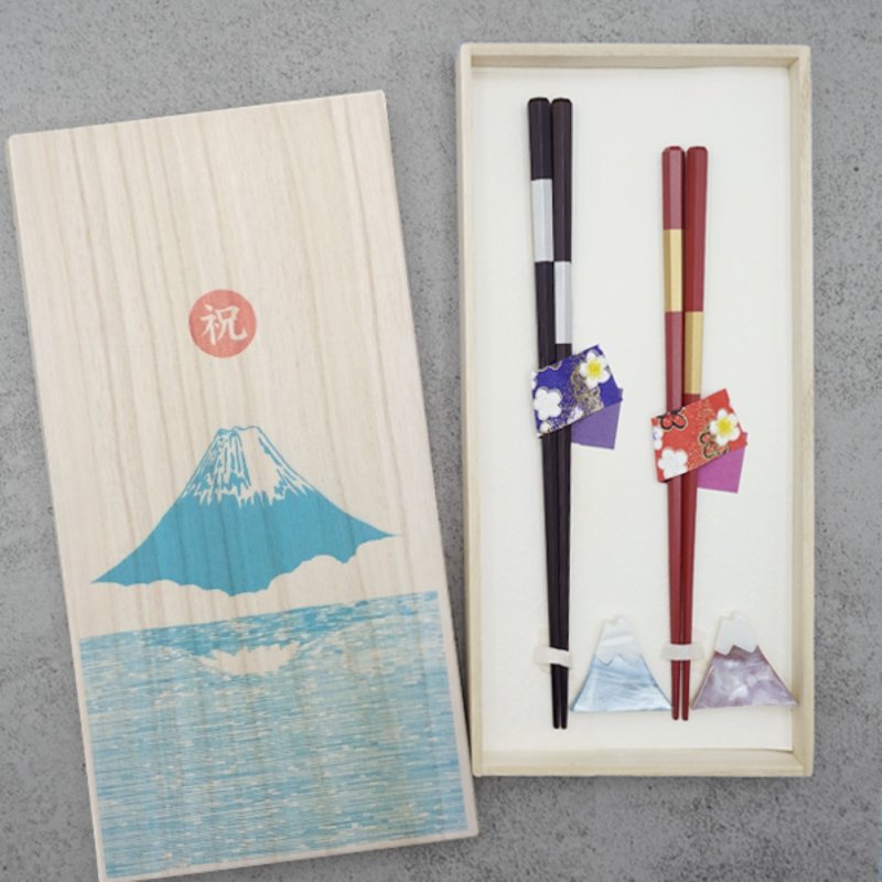 Hyozaemon chopsticks and chopstick rest set, Mount Fuji paulownia box, celebration chopsticks, hexagonal silver checkered pattern, gold checkered pattern, shell Mount Fuji-shaped chopstick rest, paulownia box - Chopsticks - Wood 