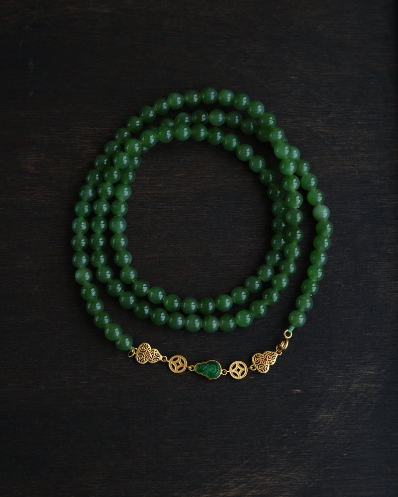6mm天然和田玉 /和闐玉-碧玉.純銀鎏金翡翠A貨葫蘆鏈條設計手m - 手鍊/手環 - 玉石 綠色