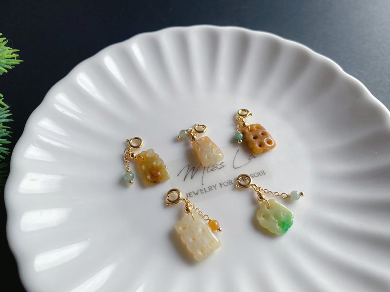 天然緬甸玉翡翠 特色 餅乾 獨一無二 吊飾 隨意扣 禮物 設計款 - 吊飾/掛飾 - 玉石 黃色