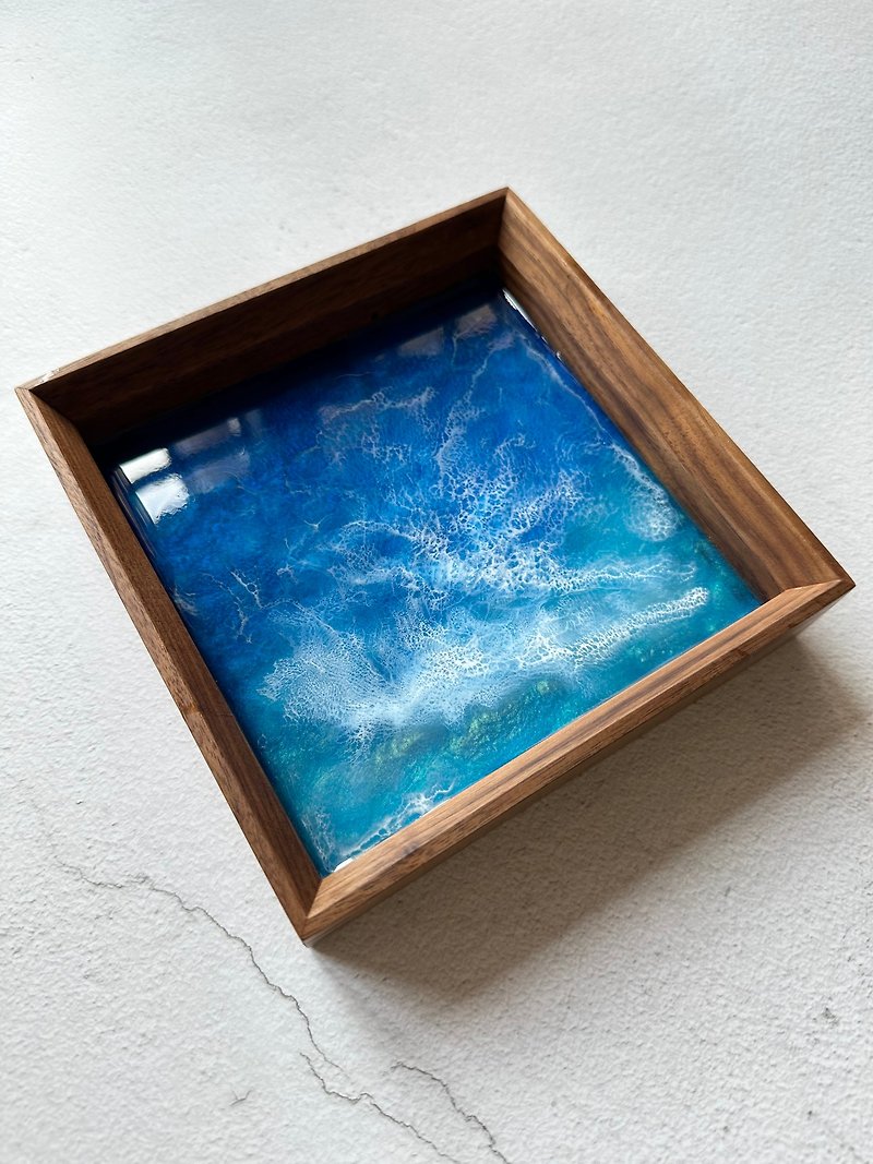 Ocean style black walnut with glass multiple purpose square tray - กล่องเก็บของ - ไม้ 