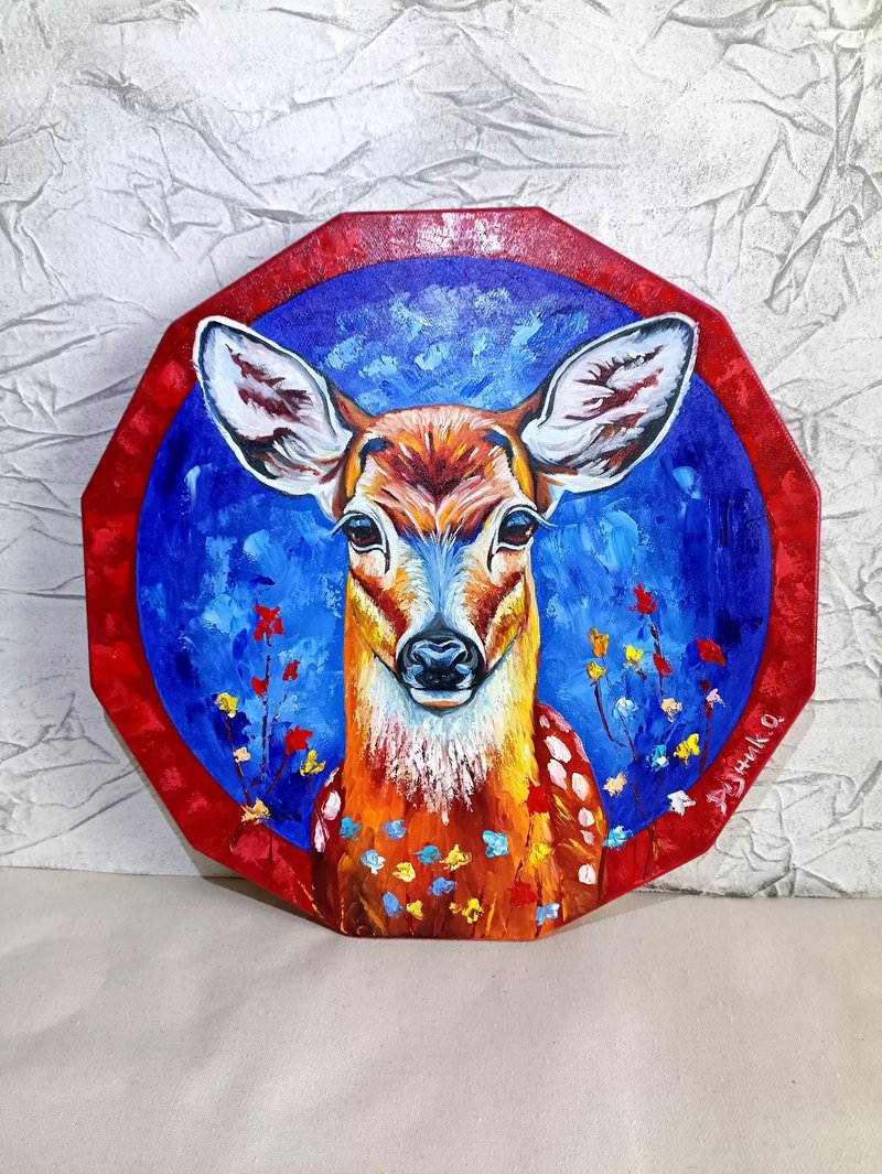 Totem Deer Oil Painting Hand Painted on Stretched Canvas Totem Animal Deer Art - ตกแต่งผนัง - วัสดุอื่นๆ หลากหลายสี