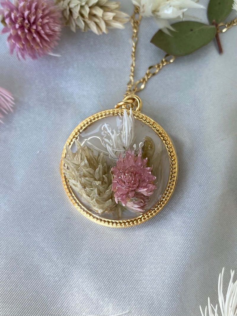 立體乾花頸鏈 - 項鍊 - 植物．花 粉紅色