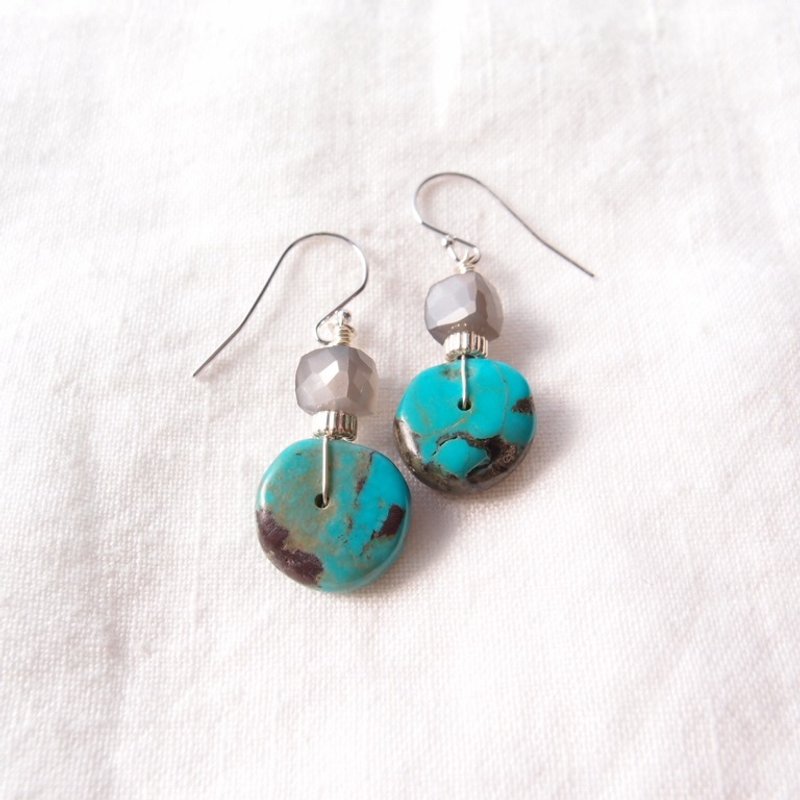 【SV】Turquoise × Gray Moonstone Earrings ターコイズ×グレームーンストーン フックピアス - 耳環/耳夾/耳骨夾 - 寶石 藍色