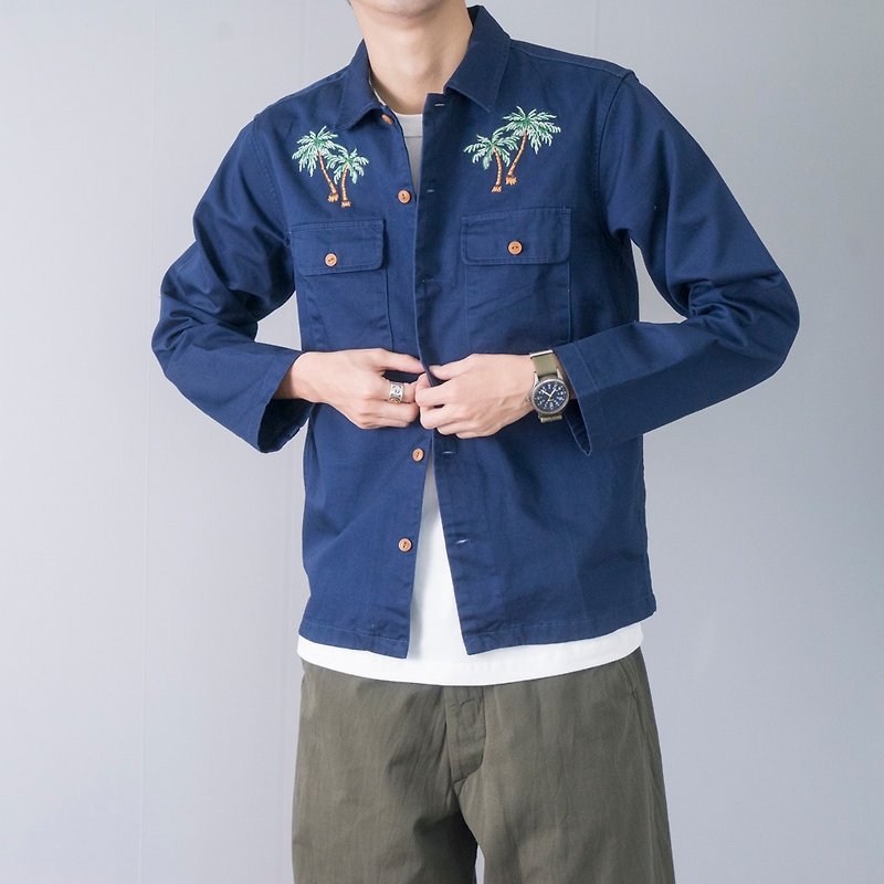 Japanese matching American retro Hawaiian pattern embroidery canvas long-sleeved tooling shirt thick substantial - Men's Shirts - Cotton & Hemp Blue