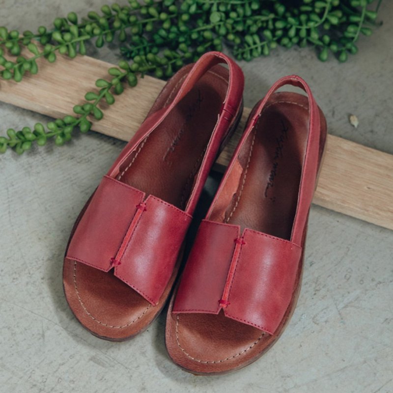 小節休息手工寬版真皮涼鞋-勃根地紅 - 涼鞋 - 真皮 紅色