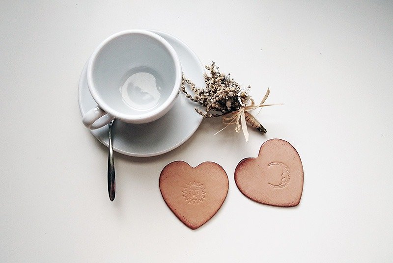 Heart-shaped leather coaster/sun and moon series (a set of two) - Coasters - Genuine Leather 