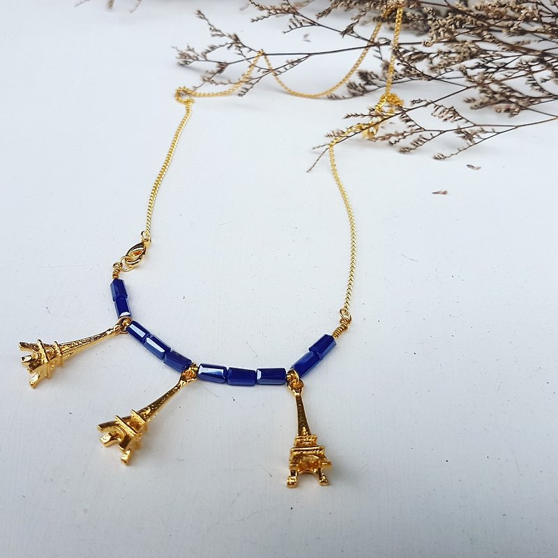 銅手作    長方形寶藍色艾菲爾鐵塔手鍊&項鍊雙用設計款 - 項鍊 - 水晶 藍色