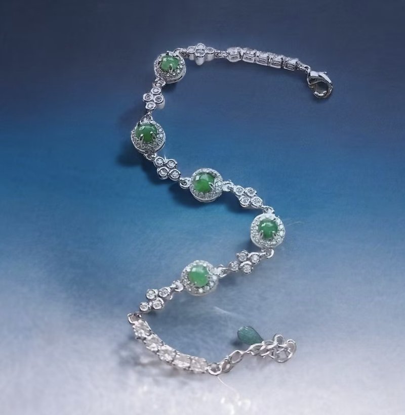 Bingzhong Laokeng Green Jade Egg Noodle Bracelet 925 Sterling Silver | Natural Grade A Jade | Gift - สร้อยข้อมือ - หยก สีเขียว