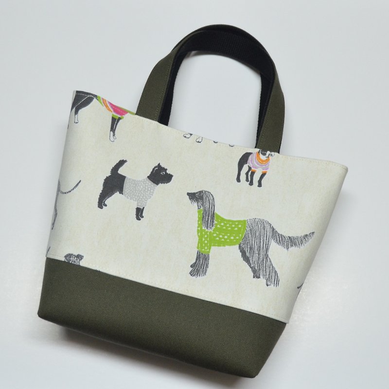 Pups on parade small tote bag, handbag, handmade, canvas - กระเป๋าถือ - ผ้าฝ้าย/ผ้าลินิน สีเขียว