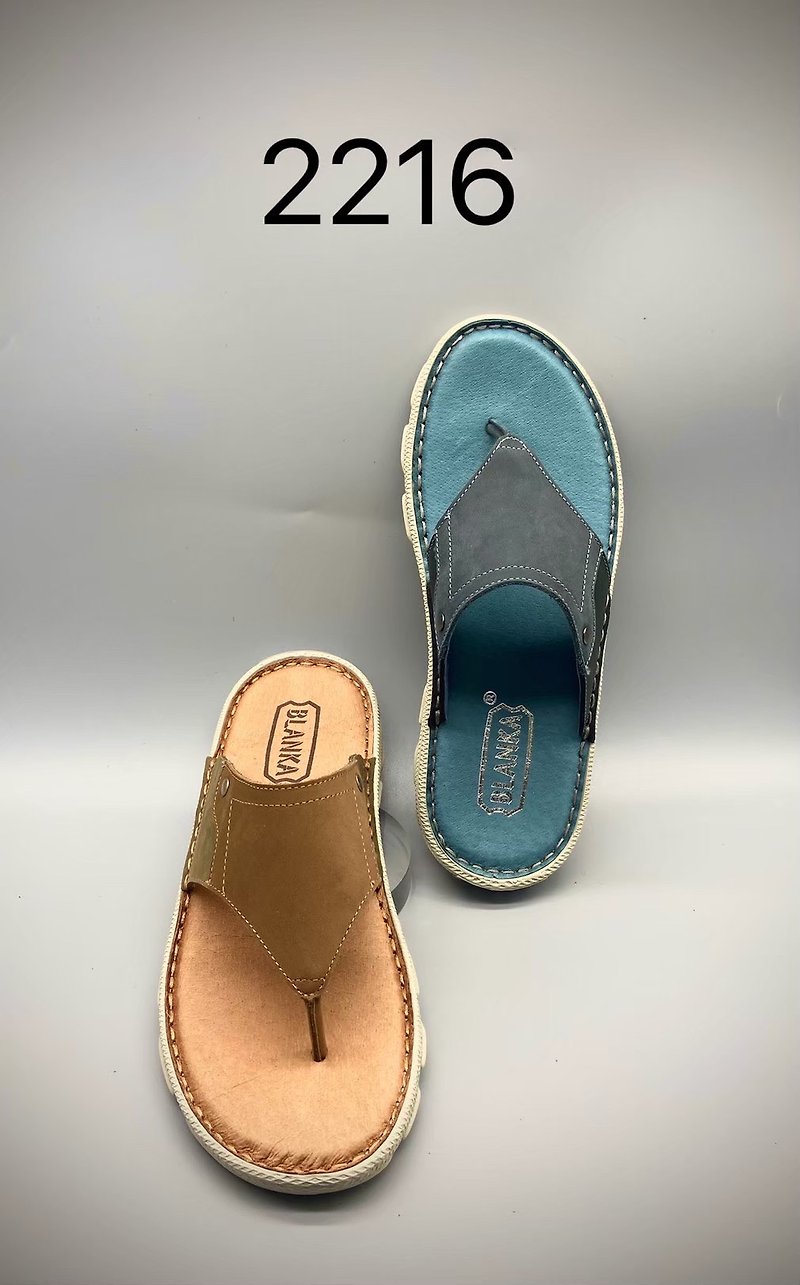2305 Lightweight outsole flip-flop two-color genuine leather slippers for men with handmade stitching - รองเท้ารัดส้น - หนังแท้ สีเขียว