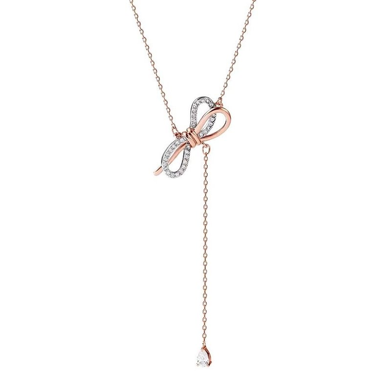 I JEWELRY 知性小蝴蝶結垂墜鋯石雙戴Y型純銀長項鍊 玫瑰金 現貨 - 項鍊 - 純銀 銀色