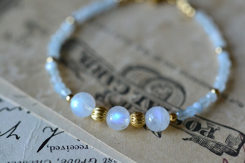 Moonstone & Aquamarine Natural Stone 18K Gold Plated Bracelet - Bracelets - Crystal Blue