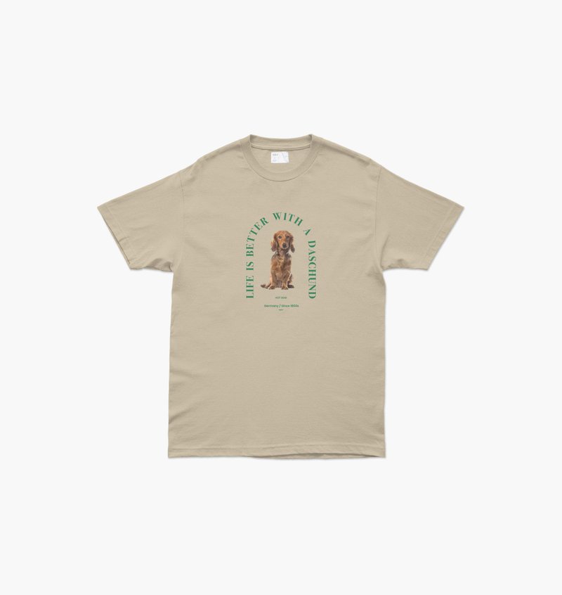 上衣 HAY : Daschund T-Shirt - Oatmeal / White (unisex) - 女 T 恤 - 棉．麻 