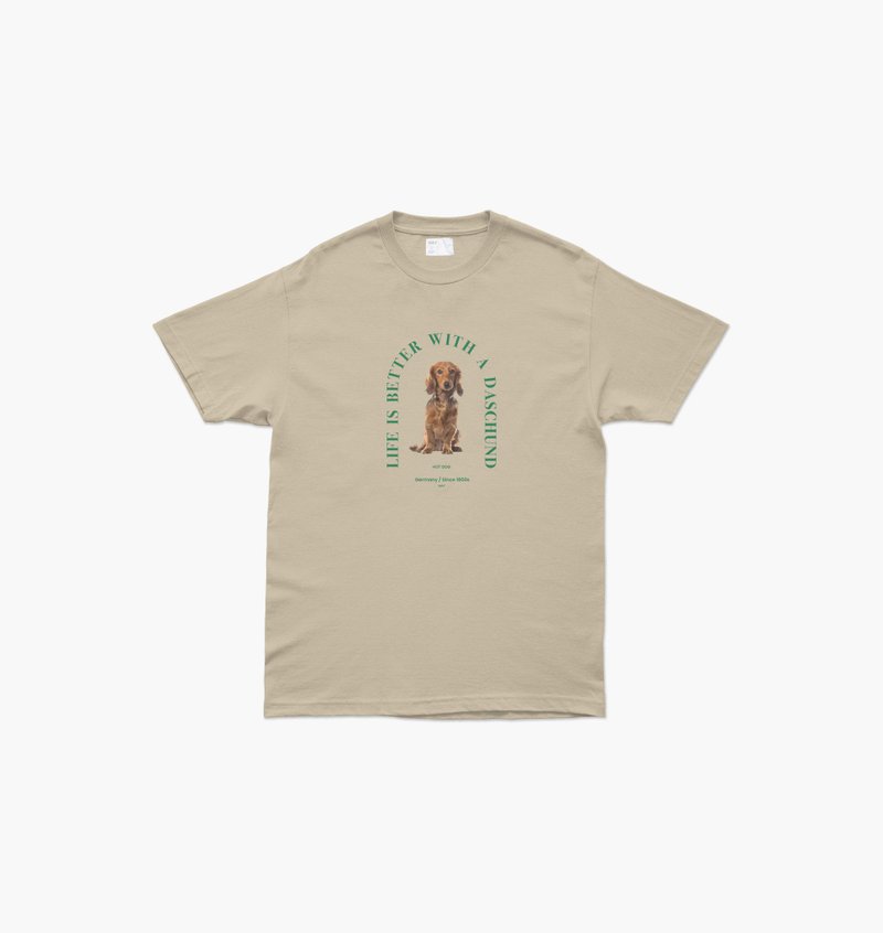 上衣 HAY : Daschund T-Shirt - Oatmeal / White (unisex) - T 恤 - 棉．麻 