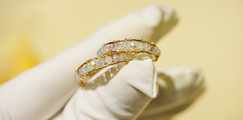 Hand-made 14K gold wrapped thread aquamarine amethyst pearl Ring - แหวนทั่วไป - เครื่องเพชรพลอย หลากหลายสี