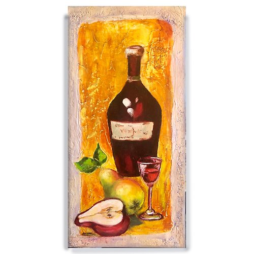 塔蒂艺术绘画工作室 酒畫、水果靜物、梨、布面油畫、廚房牆壁裝飾