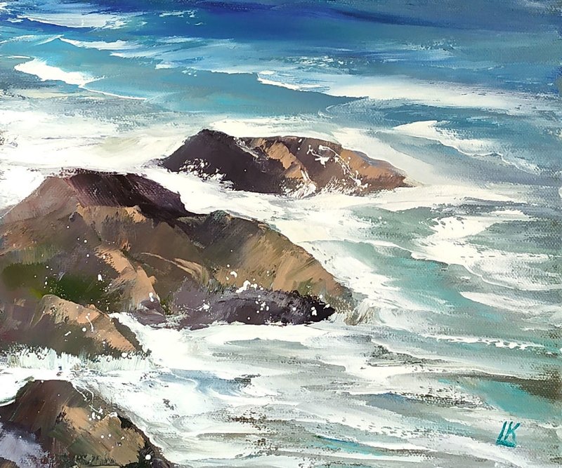 Sea Waves Oil Painting on Canvas Ocean Waves Painting Seascape Art Storm Art - โปสเตอร์ - ผ้าฝ้าย/ผ้าลินิน 