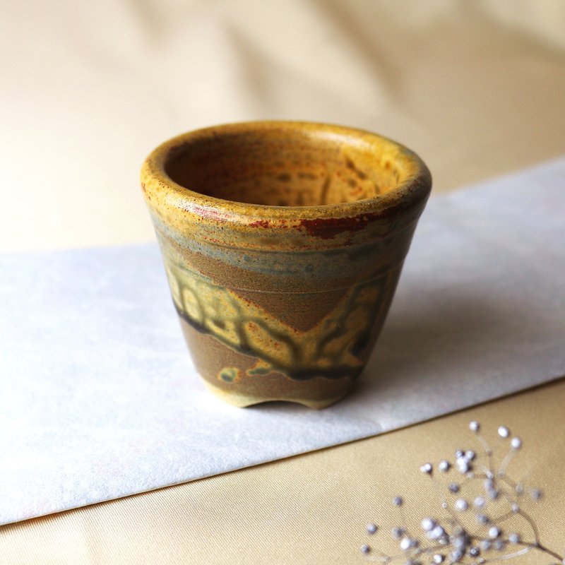 灰釉小盆栽 新彩燒 柴燒陶藝 手作作品 | 禮物 收藏 圭窯 - 植栽/盆栽 - 陶 金色