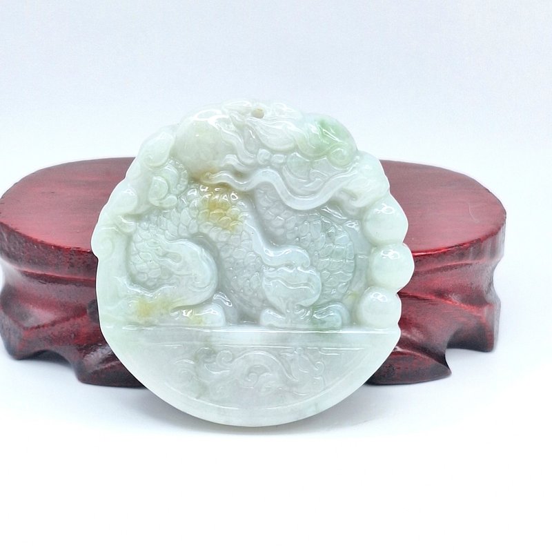 Warm and moist carved dragon medal with purple background | Natural Burmese jade A grade jadeite - สร้อยคอ - หยก 