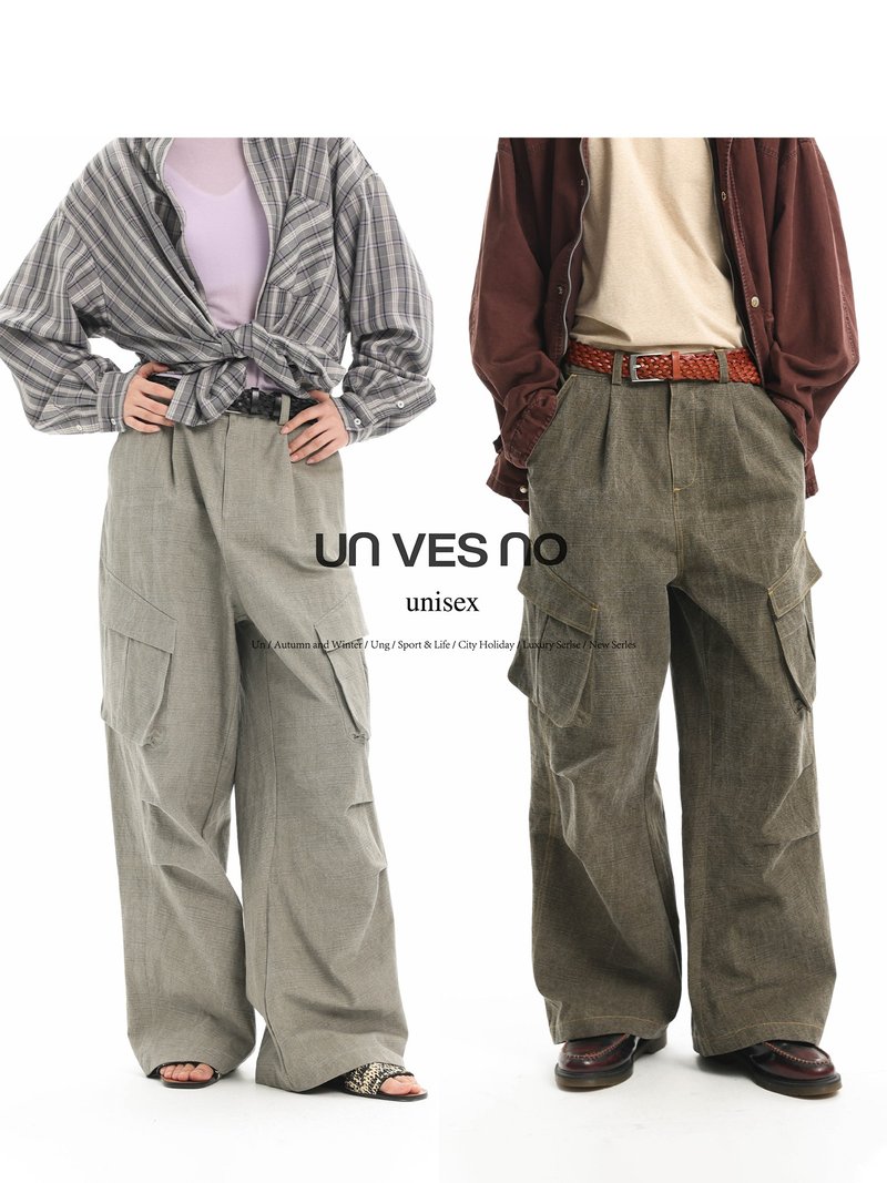 Unvesno(UN) Vintage做舊酵洗休閒款珠地棉斜切口袋打折工裝褲 - 男長褲/休閒褲 - 棉．麻 