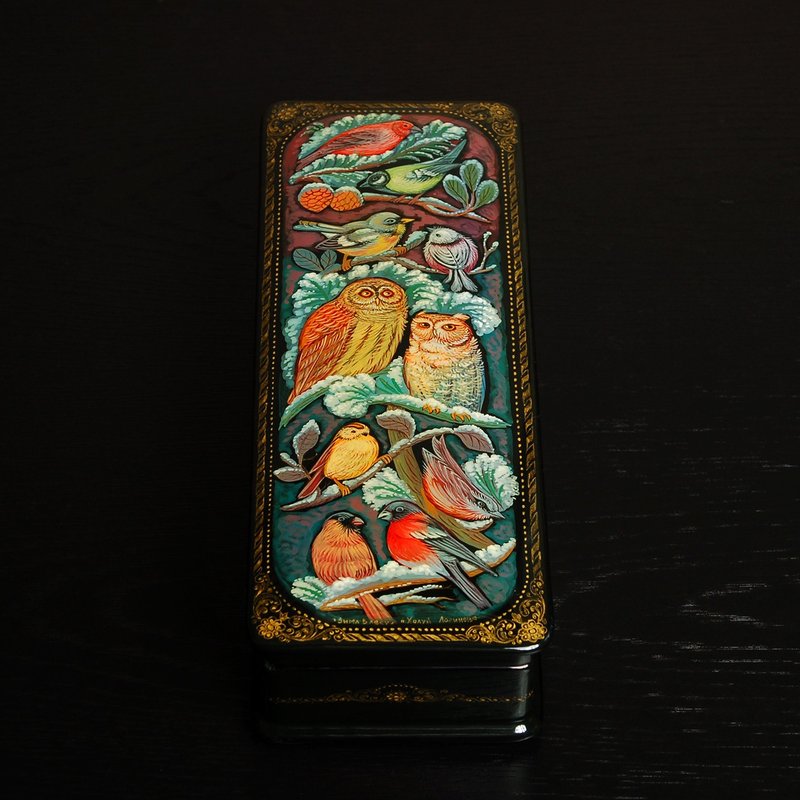 Winter birds lacquer box hand painted wildlife art Christmas Gift Wrapping - ของวางตกแต่ง - วัสดุอื่นๆ 