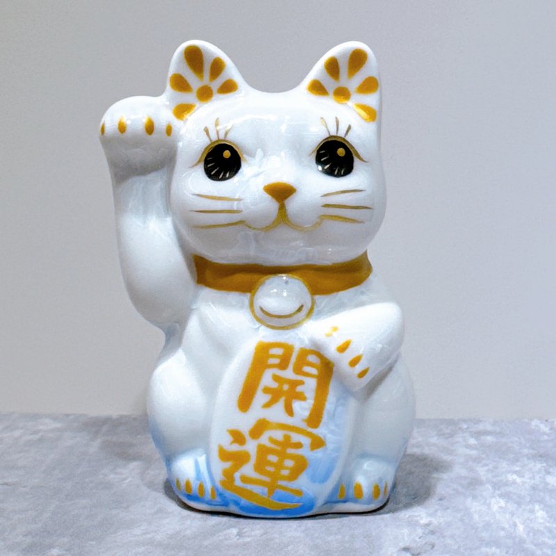 【祥光迎福】日本清水燒招財貓 | 花結晶 青白 開運 右 特小 - 裝飾/擺設  - 瓷 藍色