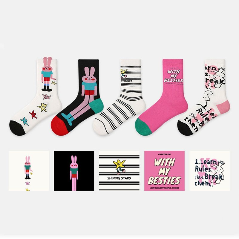 Sports female socks 5 pairs of young girls cute middle tube socks - ถุงเท้า - ผ้าฝ้าย/ผ้าลินิน 