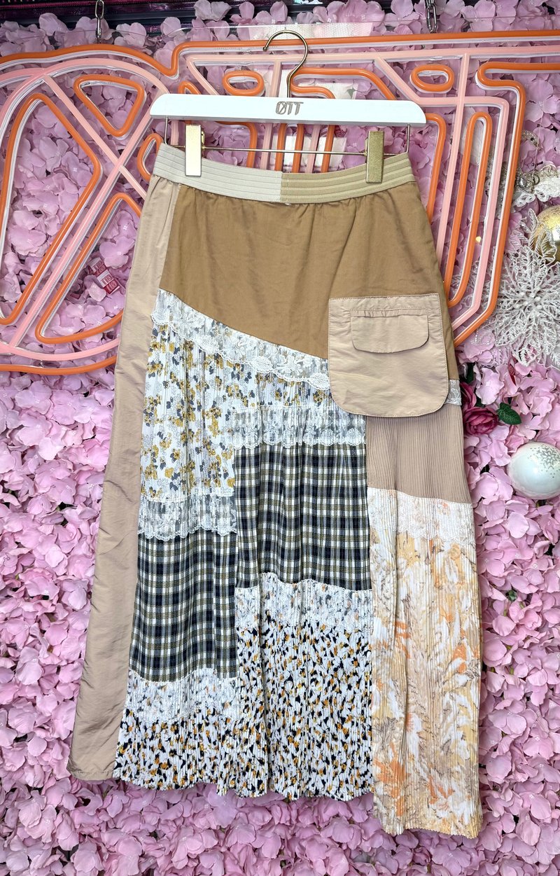 OTT只此一件•日系卡其杏牛仔碎花格仔蕾絲壓褶印花長裙 - 裙子/長裙 - 棉．麻 卡其色