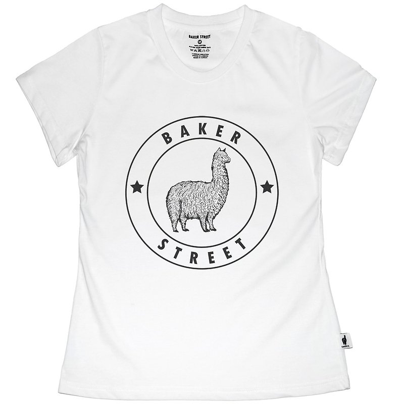 【英國 Baker Street 貝克街】女裝 - 純棉短袖T - 羊駝印章 - T 恤 - 棉．麻 白色