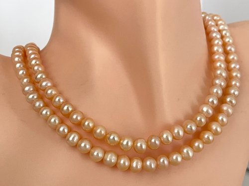 真珠ネックレス オレンジ系 オレンジ シュガー チェーン 天然淡水パール オレンジ パール