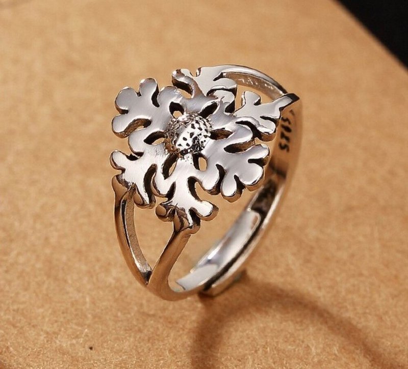 Real 925 Sterling Silver Handmade Snowflake Finger Ring Women Opening Rings - 戒指 - 銀 銀色