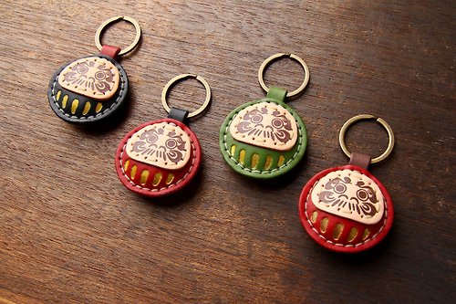 Handmade genuine leather Japanese style hand-dyed Daruma circle key ring  painted pendant - Shop mao.leather Keychains - Pinkoi