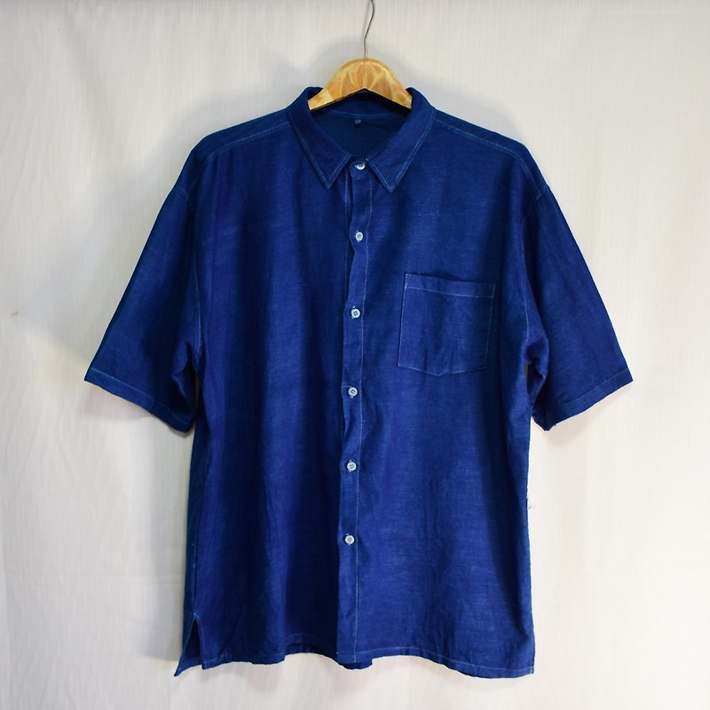 Dark Tone Indigo Shirt  - HOMRAK - Men's Shirts - Cotton & Hemp Blue