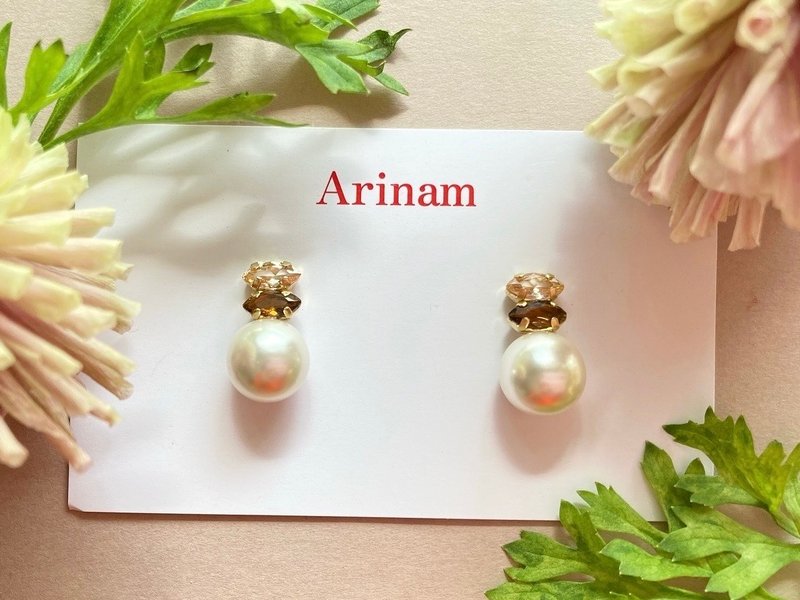 【パール/結婚式/入学式/セレモニー/シンプル】パール/ブラウンストーン(ピアス/イヤリング)Coffee brown stones pearl - 耳環/耳夾/耳骨夾 - 珍珠 咖啡色