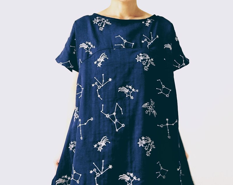 ผ้าฝ้าย/ผ้าลินิน ชุดเดรส สีดำ - embroidery　constellation　one-piece　dress