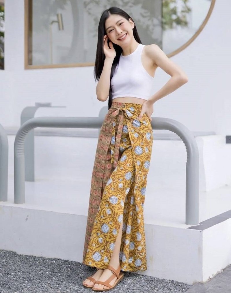 Boho Collection | Pushkar Wrap Pants | Elastic back pants, drawstring waist. - 女長褲 - 棉．麻 