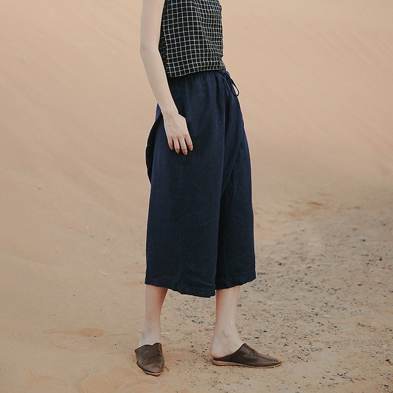 Black/Navy Blue Striped Pants Going to Mars Heavyweight Washed Linen Wide Leg Cropped Pants Wide Leg Pants Wide Pants - Women's Pants - Cotton & Hemp Blue