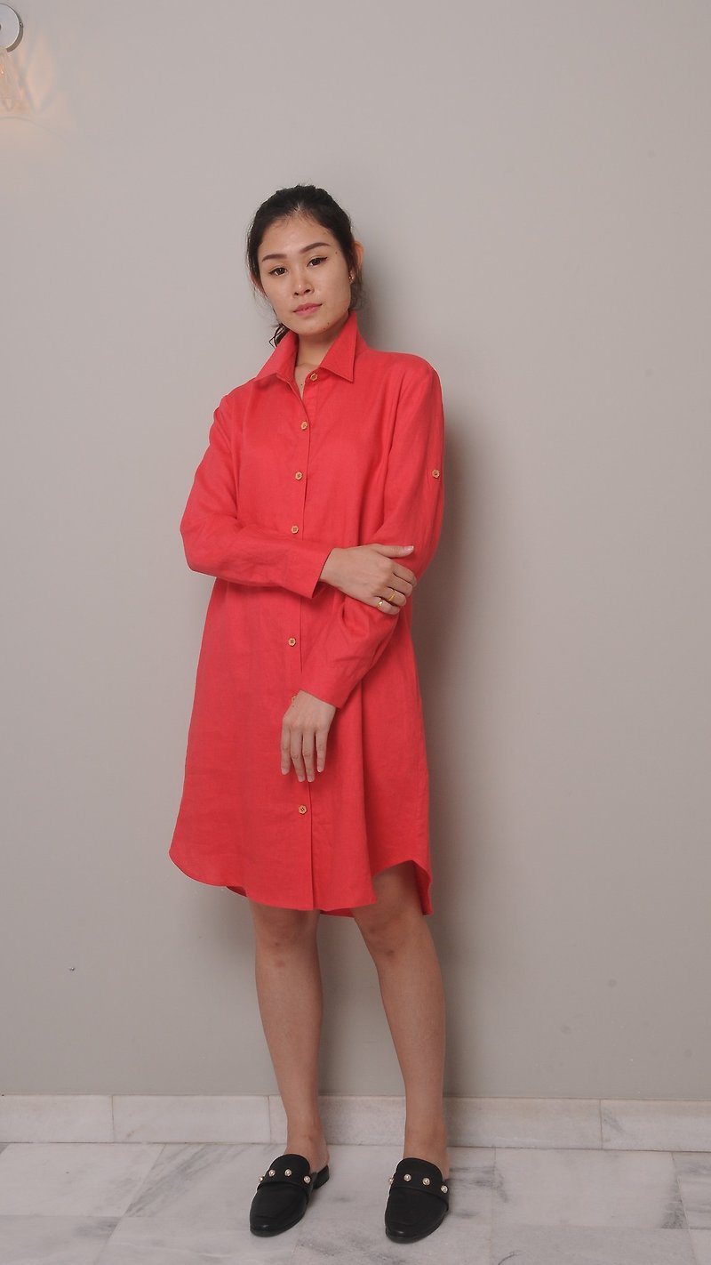 Linen Dress / Belted Waist Shirt Dress / Knee Length / Long Sleeve Shirt EP-D653 - 連身裙 - 亞麻 