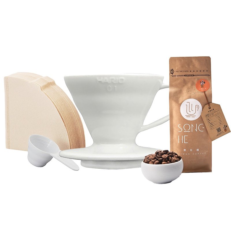 HARIO V60 White 01 Filter Cup + Taiwan Guguan Songhe Coffee Beans 225g + Filter Paper Set - เครื่องทำกาแฟ - ดินเผา 