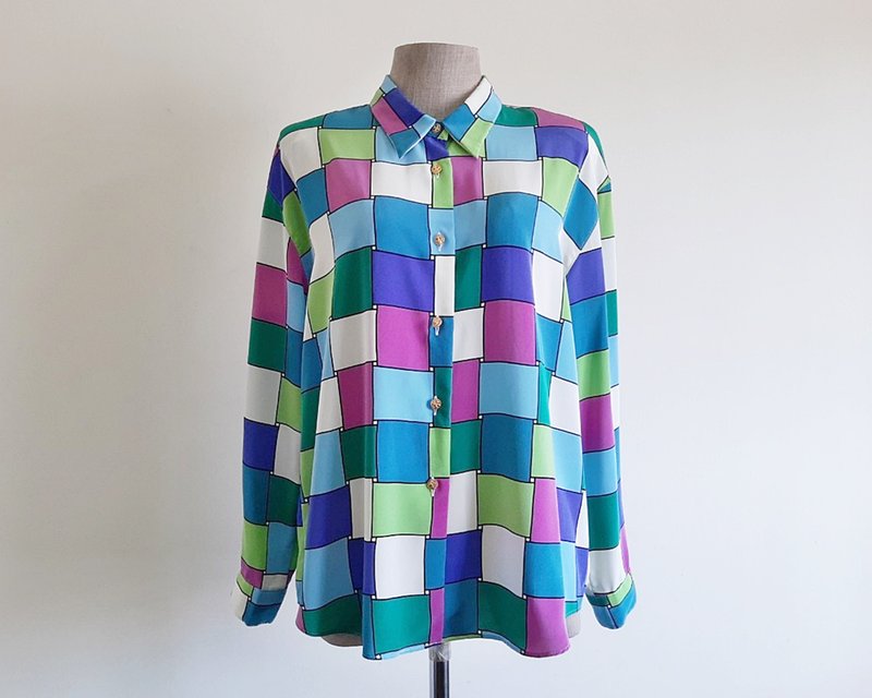 Vintage Color Block Shirt - Women's Tops - Polyester Multicolor