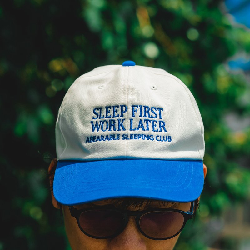 SLEEP FIRST WORK LATER, Baseball Cap - หมวก - ผ้าฝ้าย/ผ้าลินิน สีน้ำเงิน