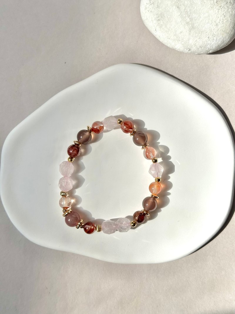 Pink quartz, red gum flower, smoky purple agate natural crystal bracelet/ good luck, wealth and good popularity - Bracelets - Crystal Pink